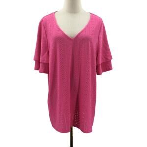 BLOOMCHIC 18-20 2X plus pink V Neck Short Sleeve lace shirt top blouse NWT 0B18